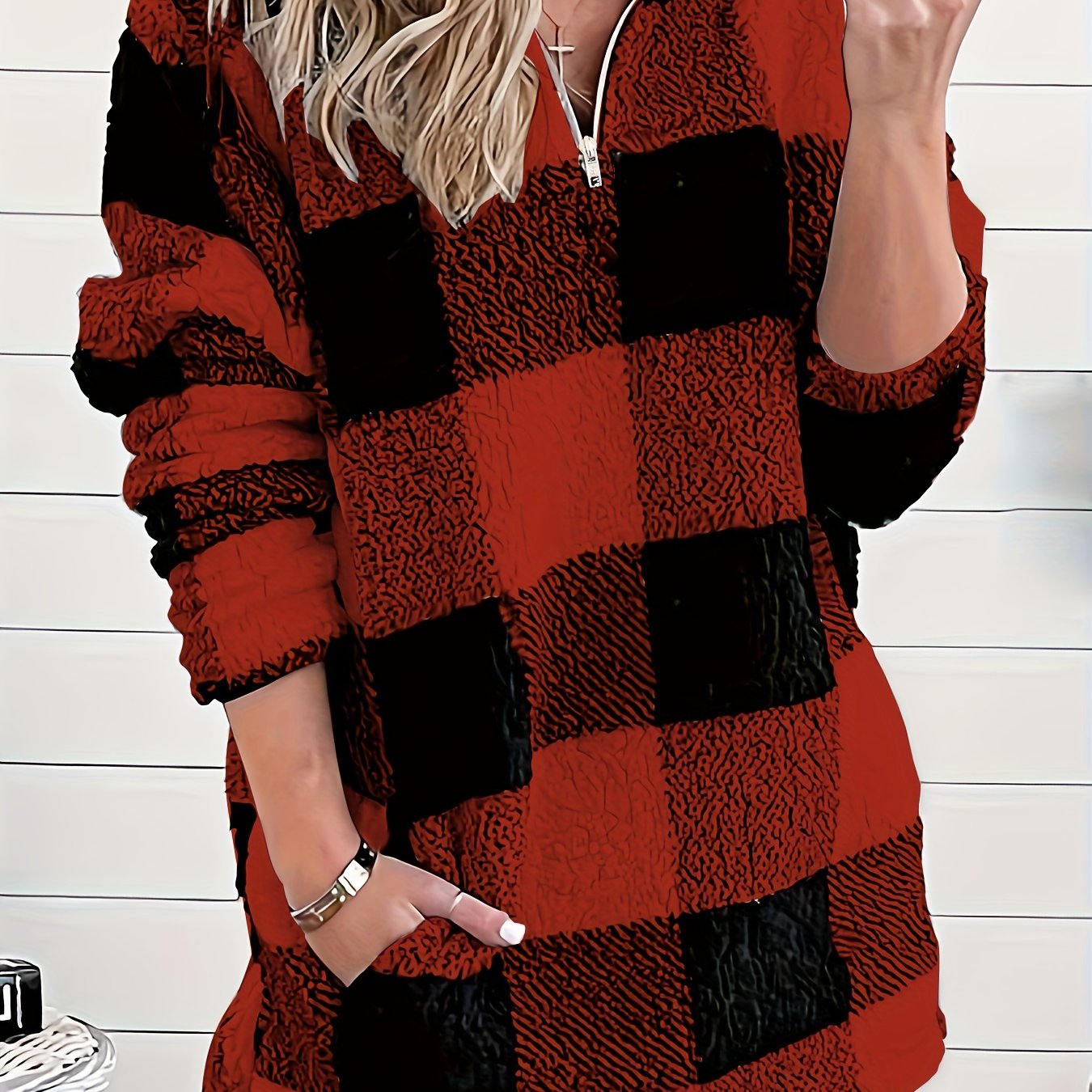 Fashion New Casual Plaid Fuzzy Sweatshirt