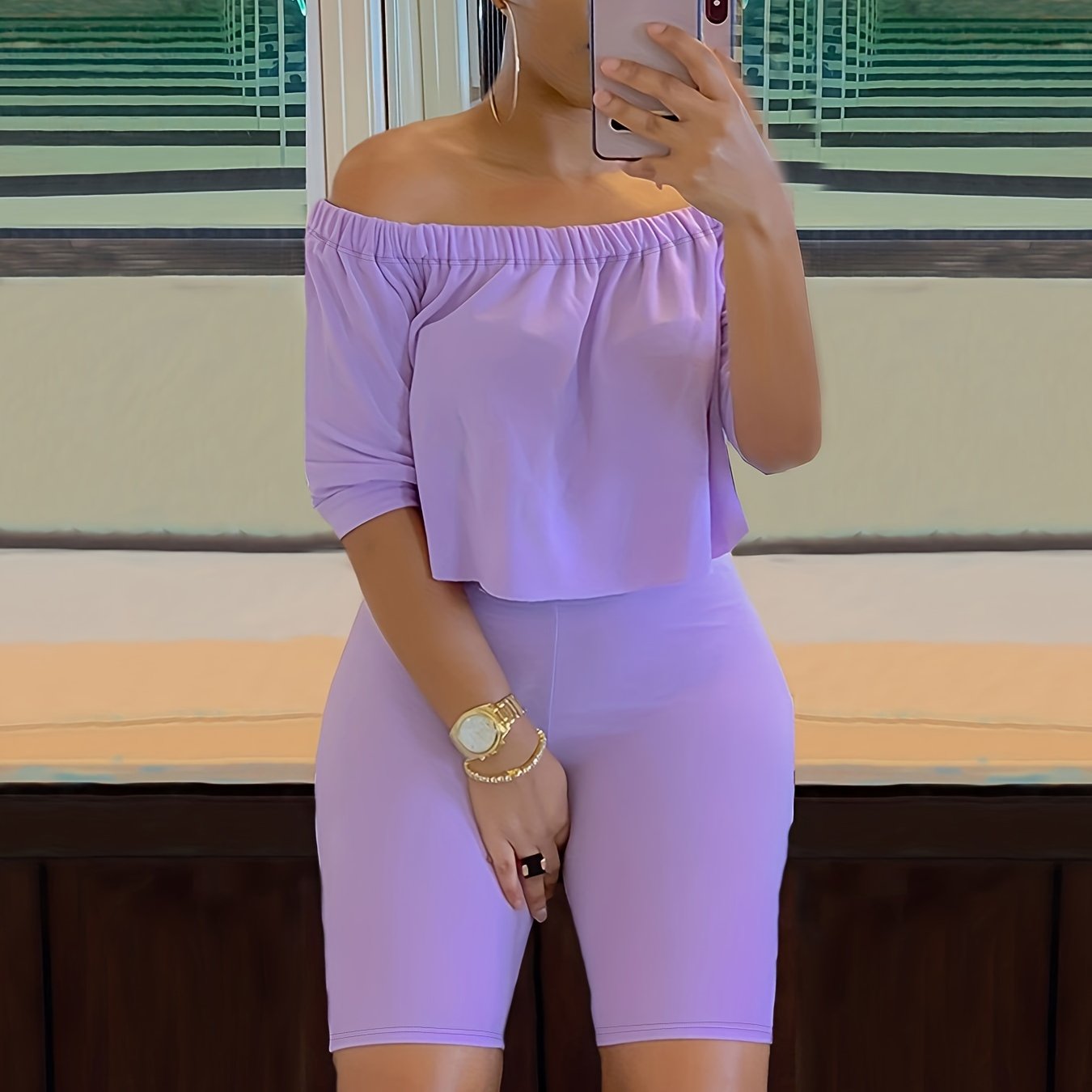 Sexy Solid Fashion Pantsuits Two-piece Set, Off Shoulder Short Sleeve Tops & Slim Shorts Set - Women's Clothing - For Women - Perfect for Parties & Night Out - Ideal Gift for Her