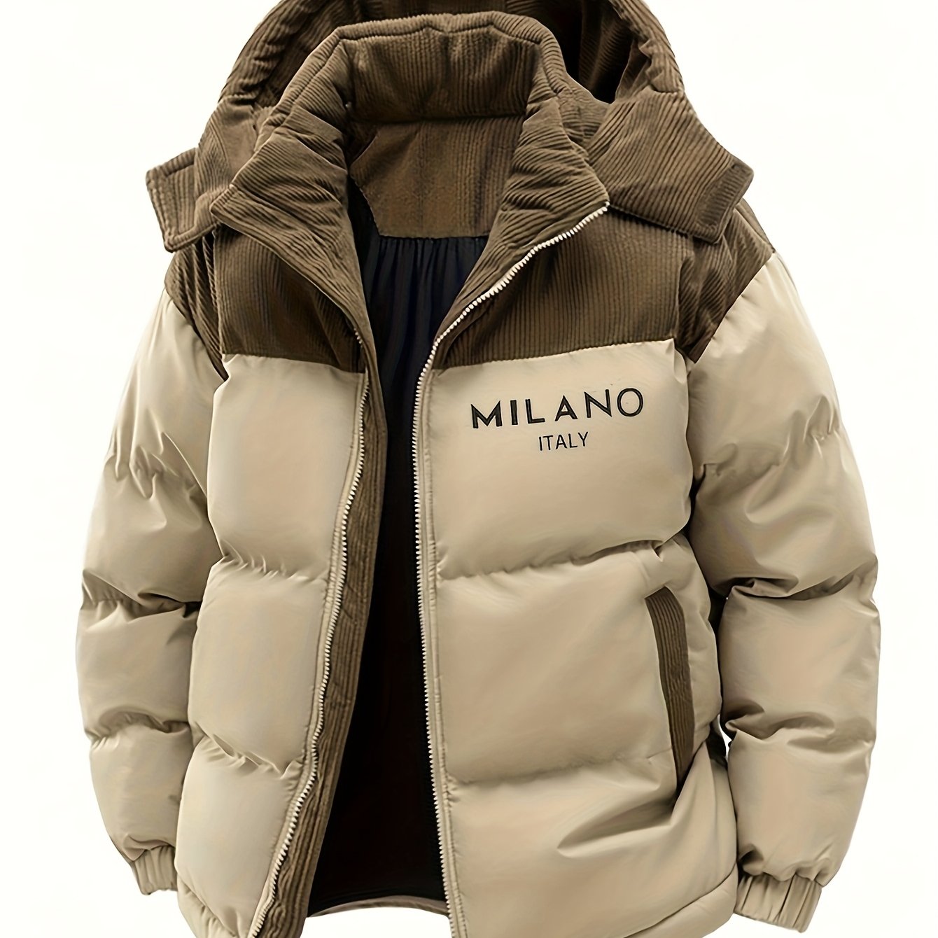 Men'S Casual Faux Fur Jacket with "MILANO ITALIA" Print - Lightweight Hooded Outdoor Coat, Regular Fit, Pockets Included, Fabric, Perfect for Casual Wear, Hooded Jacket