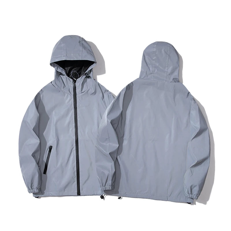 JUMPER NEW SIZE Night Reflective Jackets Double Fabric Windbreaker Hooded Jacket Men Hip Hop Dancer Waterproof Zipper Coats Outwear