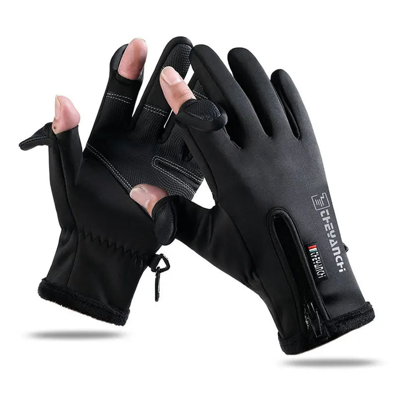 Cycling Gloves Winter Takeaway Fishing Leak Two-Finger Outdoor Windproof Zipper Touch Screen Plus Velvet Thick Gloves