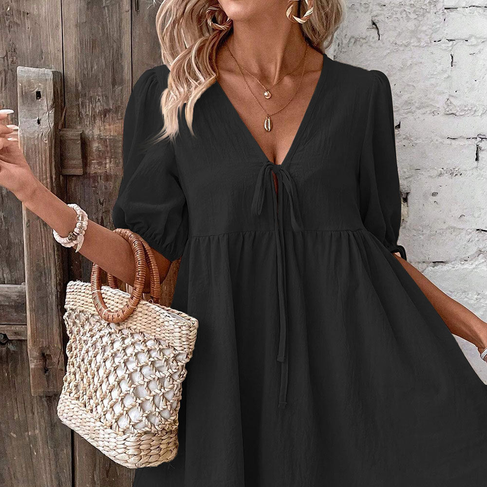 2026 European and American cross-border elegant loose woven deep V-neck design sense chest lace-up A-swing dress