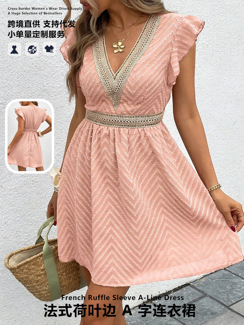 Cross-border summer new European and American style V-neck waist A-line dress women's short sleeve jacquard slimming temperament short skirt wholesale