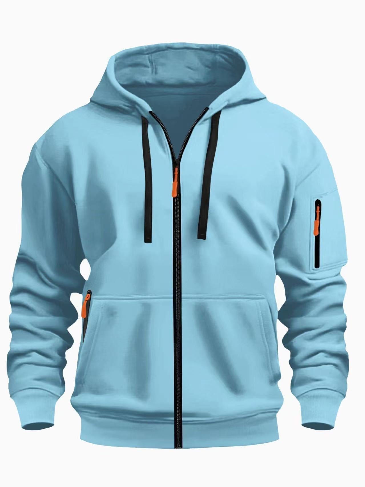 European code hooded men's autumn/winter fleece-lined hooded sweatshirt, long-sleeve zipper style, multi-pocket fashionable versatile jacket for men