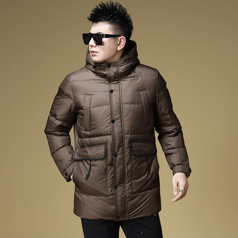 2024 Autumn and Winter down Jacket Men's Hooded Mid-Length 90 White Duck down Jacket Casual Warm Men's Windproof Loose Style