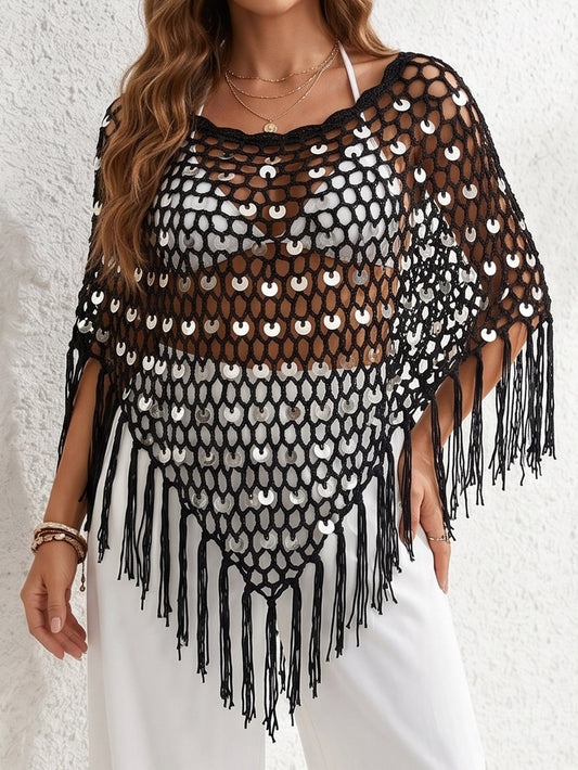 New European and American handmade sequin woven triangle scarf, cross-border fashion vacation tassel, asymmetrical shoulder shawl, cape in stock