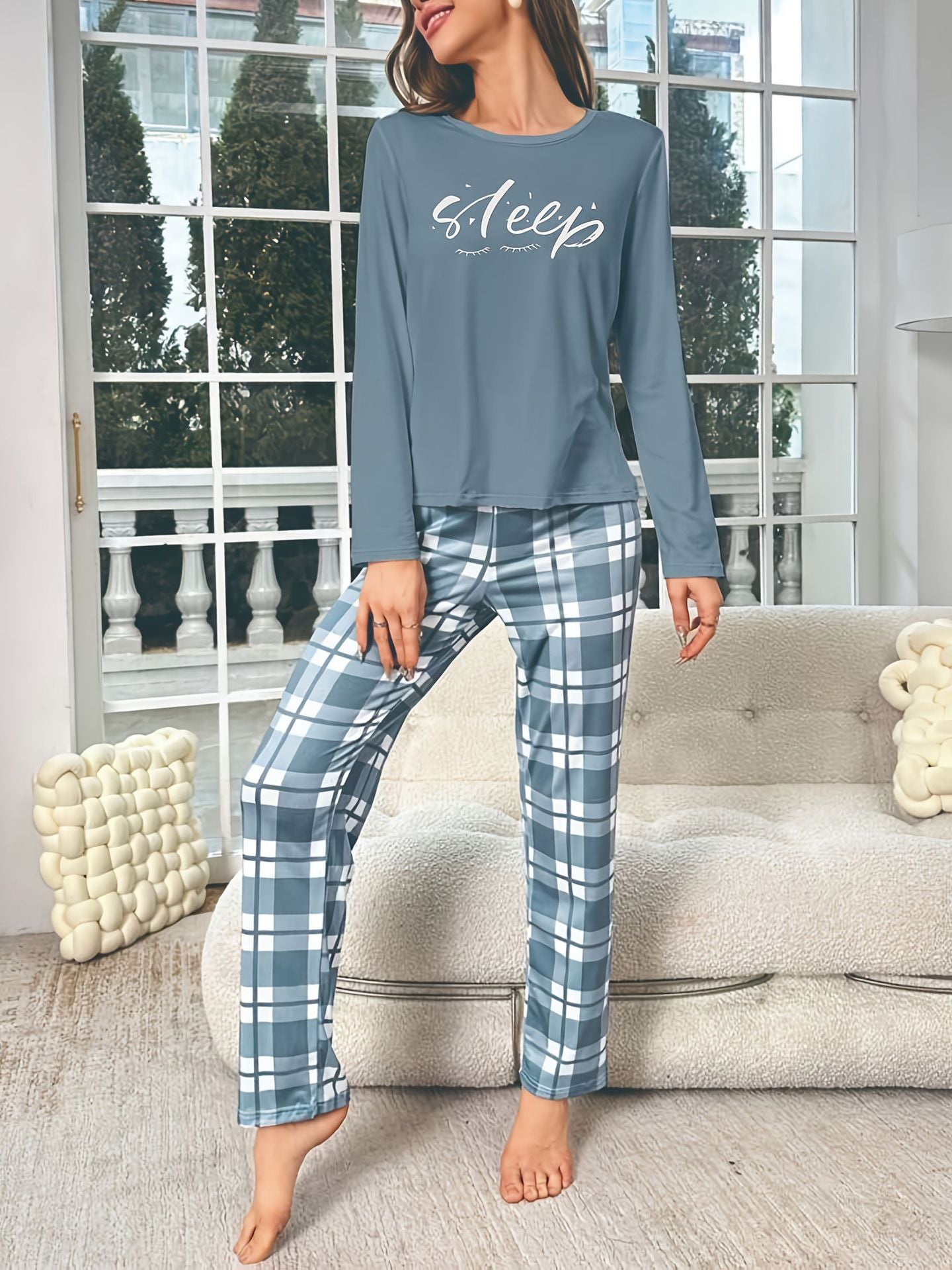 Women's Simple Style Long Sleeve Plaid Print Pattern Comfortable Casual Pajamas Two-Piece Set Cross-border Foreign Trade