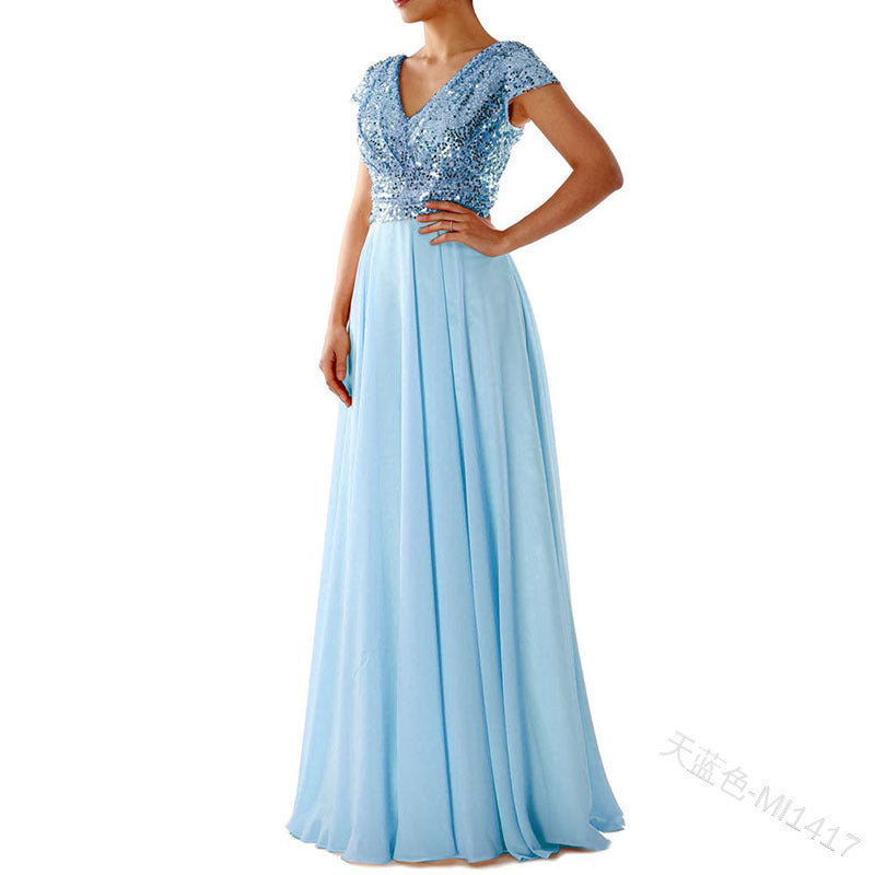 Summer Dress new V-neck sequinned chiffon panel evening dress long skirt