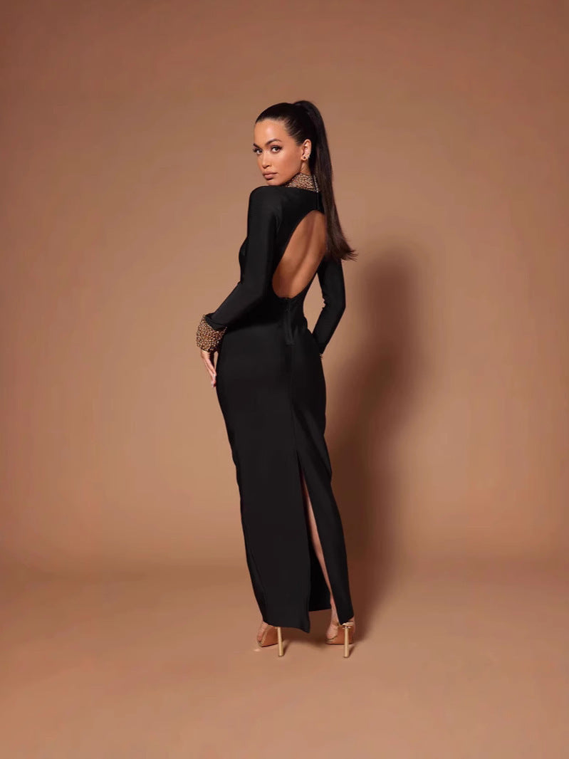 Bandage dresses, cross-border hits, spring and autumn long-sleeved long styles, light luxury, bronzing pearl evening dresses, backless slim and sexy