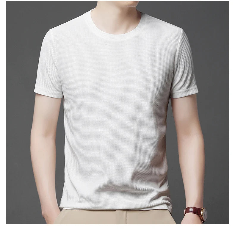 Men Short Sleeve Waffle round Neck Short Sleeve T-Shirt Comfortable Breathable Short-Sleeved Top for Casual Wear