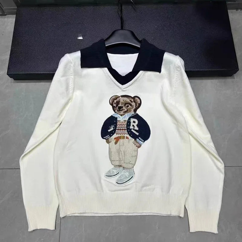 Cartoon Bear Jacquard Knit Pullover Women 2025 New Autumn O-Neck Long Sleeve Female Sweater Korean Fashion Knitwear Jumpers Tops