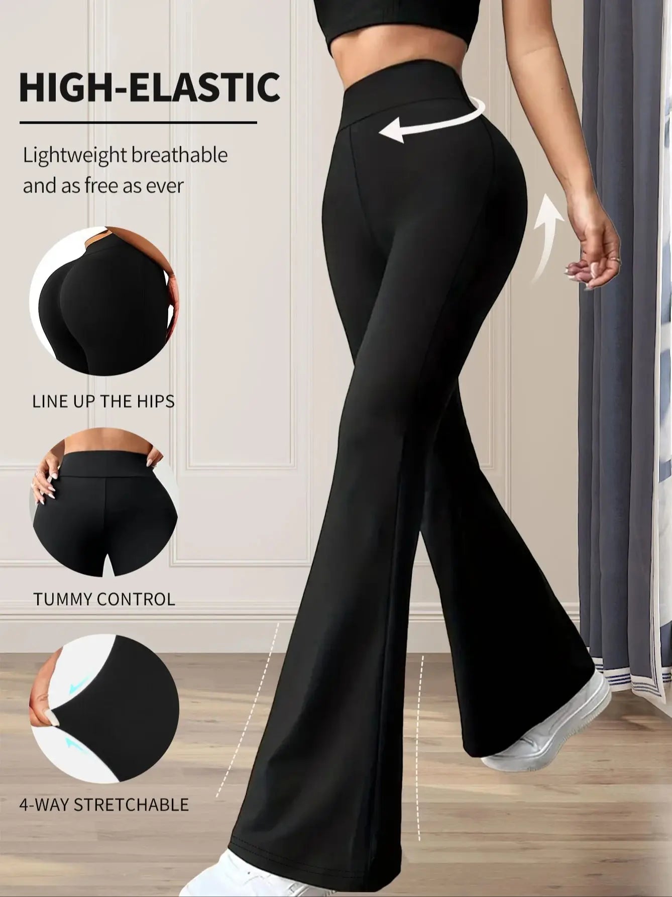 Leggings Women's spring and summer high waisted tight fitting flared pants, slim leg long black pants, thin wide leg pants for slim women