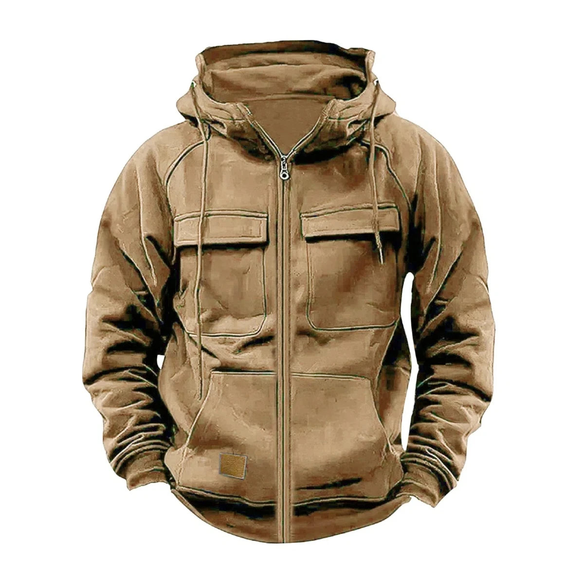 JUMPER Solid-Color Zipper Pullover Hooded Sweater Casual Loose Street-Style Multi-Pocket Hooded Sports Coat