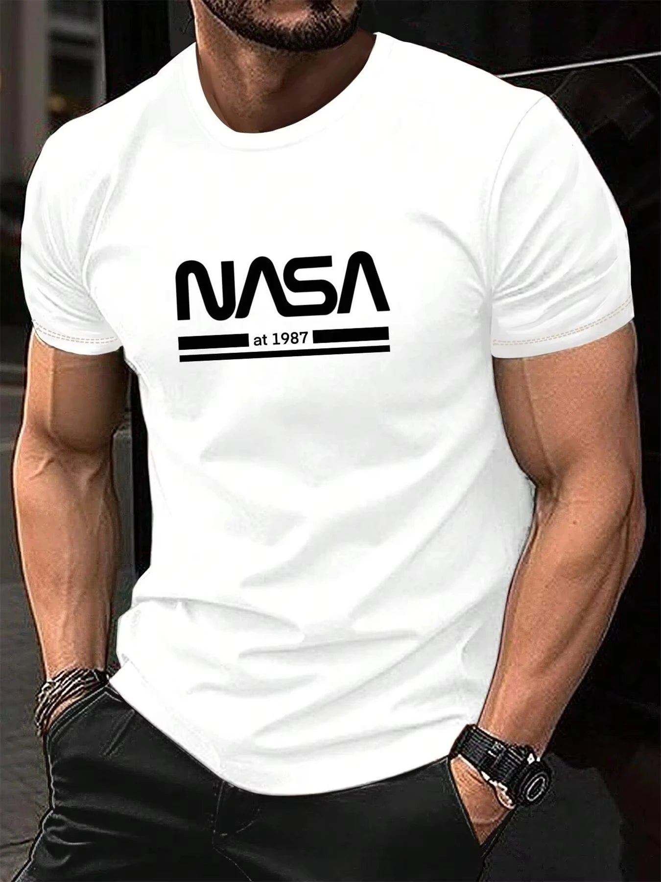 Men Short Sleeve T Shirt NASA Print 1987 Design Casual Comfortable Cotton Summer Tees Athletic Streetwear Retro Trend Breathable