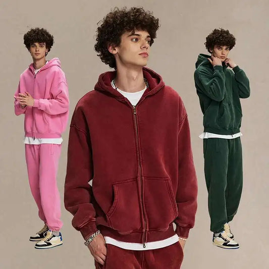 JUMPER Men's Wear Wax Printing Vintage Male Hoodies Oversized Loose Zipper Water Washed Plush Sweatshirt Trendy New 9C9349