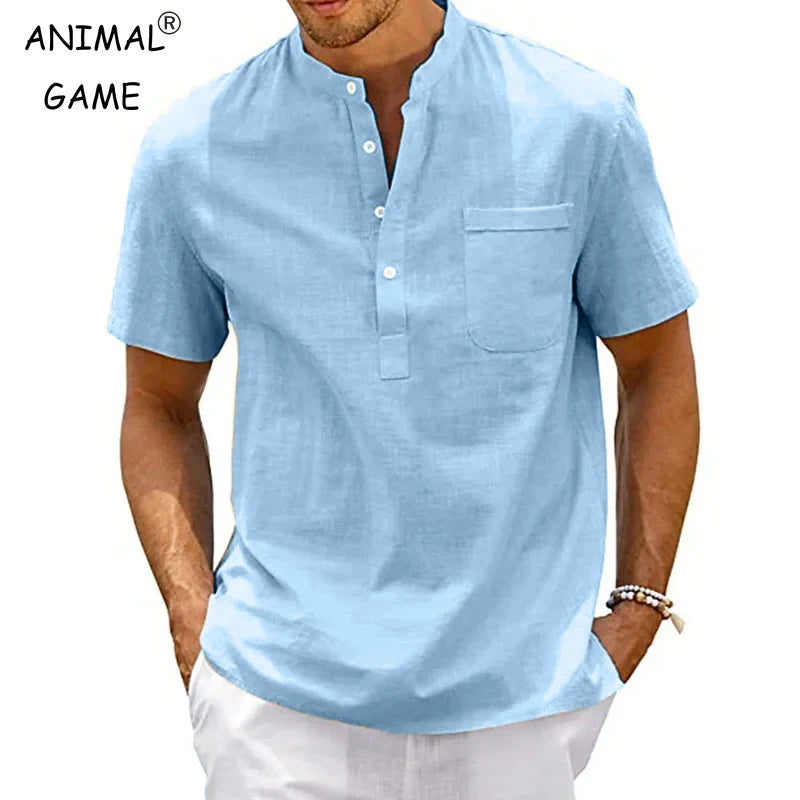 Men Short Sleeve T-shirt Solid Color Stand Collar Loose Pullover Shirt Thin Soft Comfortable Button T-shirt Top