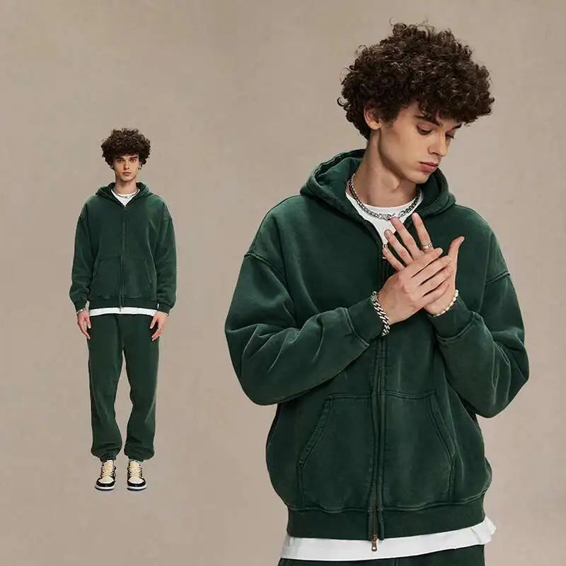 JUMPER Men's Wear Wax Printing Vintage Male Hoodies Oversized Loose Zipper Water Washed Plush Sweatshirt Trendy New 9C9349