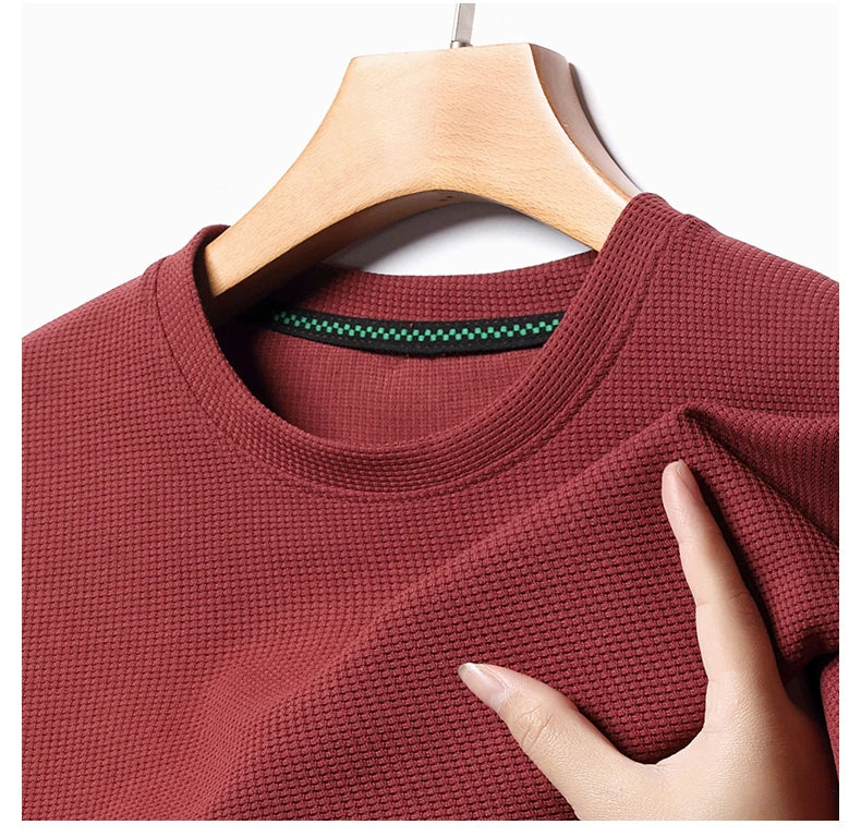 Men Short Sleeve Waffle round Neck Short Sleeve T-Shirt Comfortable Breathable Short-Sleeved Top for Casual Wear