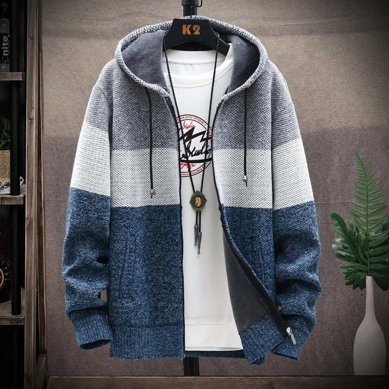 Sweater Fleece Coat Striped Jackets Fashion Hoodies Winter Autumn Thick Warm Windbreaker Pullovers Male Clothing