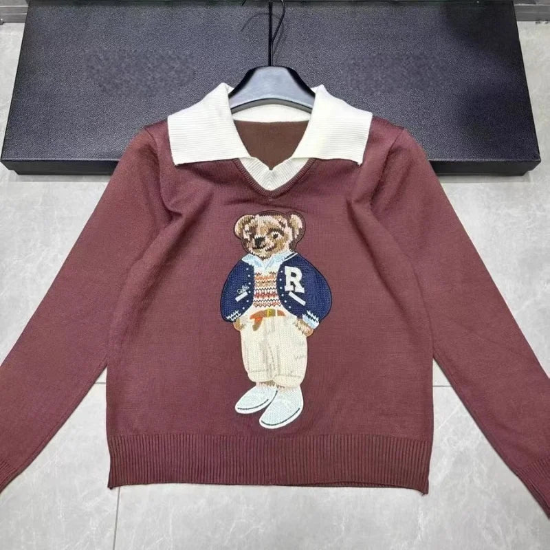 Knitted Sweater Women Design Bear Cartoon Embroidery Long Sleeve Pullover Tops Jumper Autumn