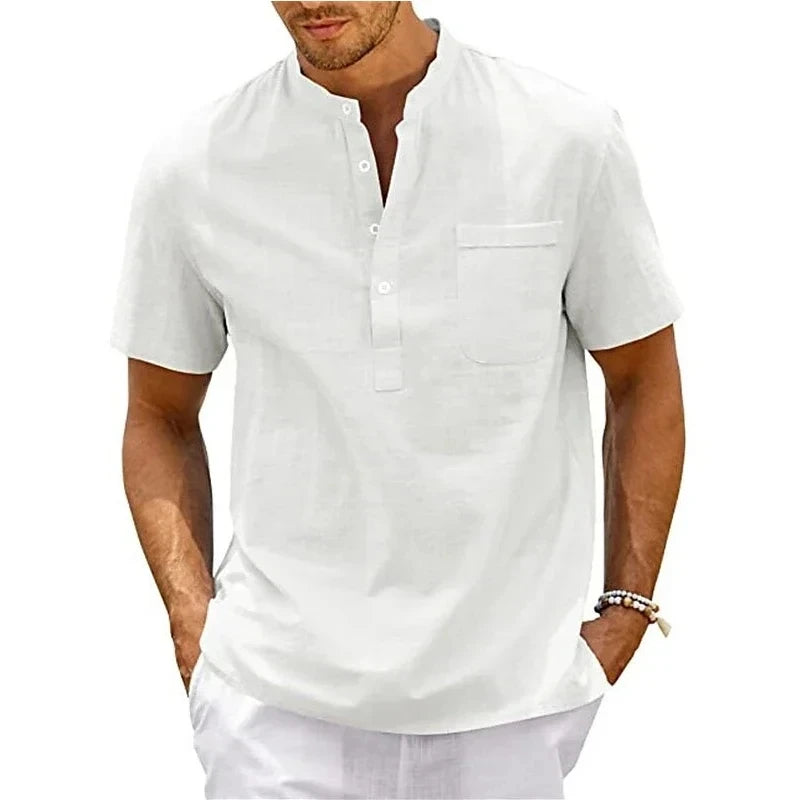 Men Short Sleeve T-shirt Solid Color Stand Collar Loose Pullover Shirt Thin Soft Comfortable Button T-shirt Top