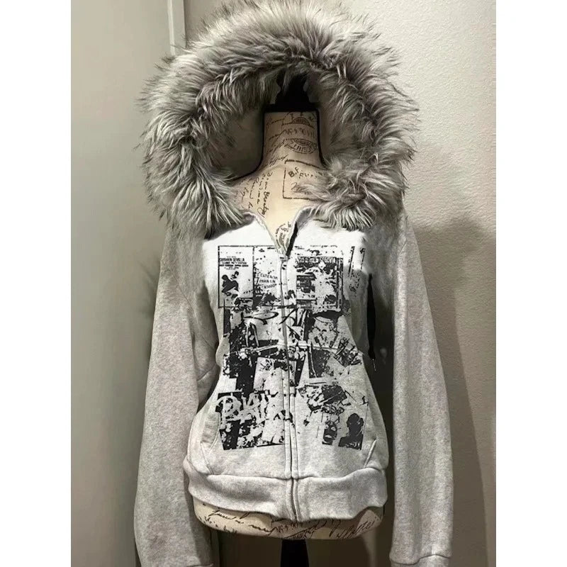 Hoodies Women Vintage Sweatshirts 2025 Women's Clothes White Print Tunic Hooded Y2k Coat Streetwear Fashion Casual Hoodies Tops Ropa Mujer