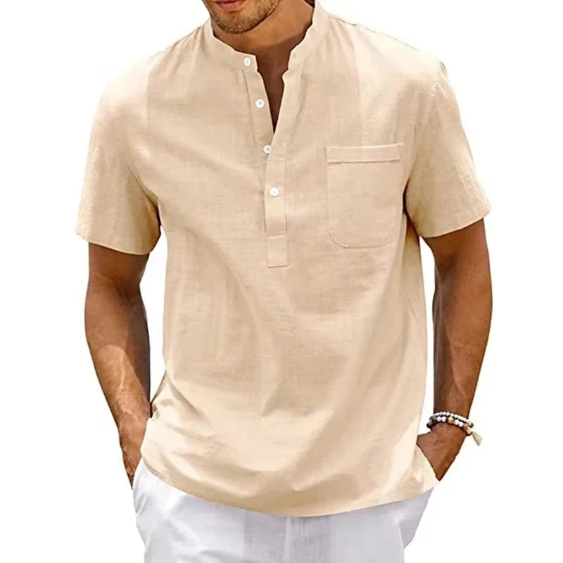 Men Short Sleeve T-shirt Solid Color Stand Collar Loose Pullover Shirt Thin Soft Comfortable Button T-shirt Top