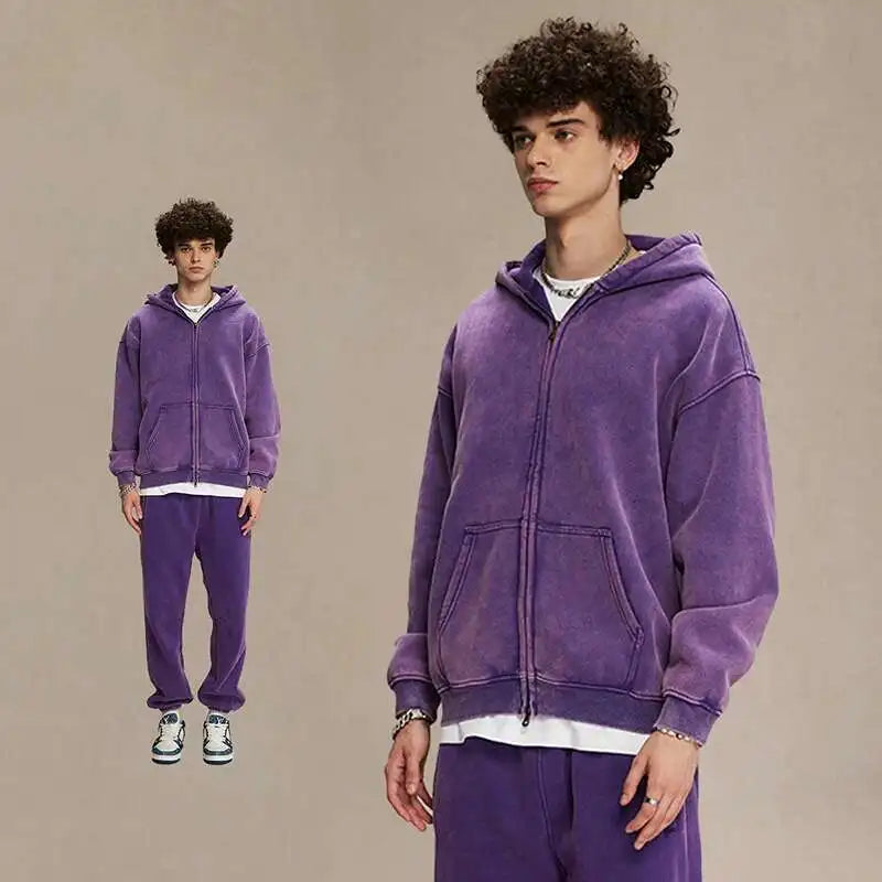 JUMPER Men's Wear Wax Printing Vintage Male Hoodies Oversized Loose Zipper Water Washed Plush Sweatshirt Trendy New 9C9349
