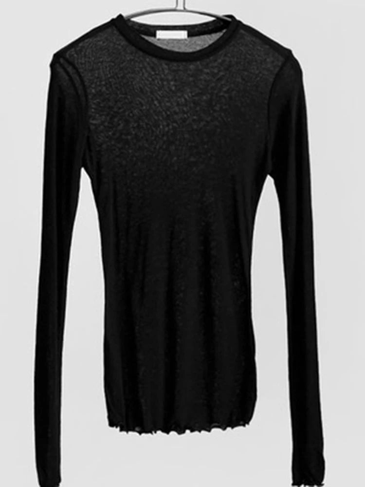 Legging High Quality Plain T Shirt Women  Elastic Basic T-shirts Female Casual Tops Long Sleeve Sexy Thin T-shirt see through
