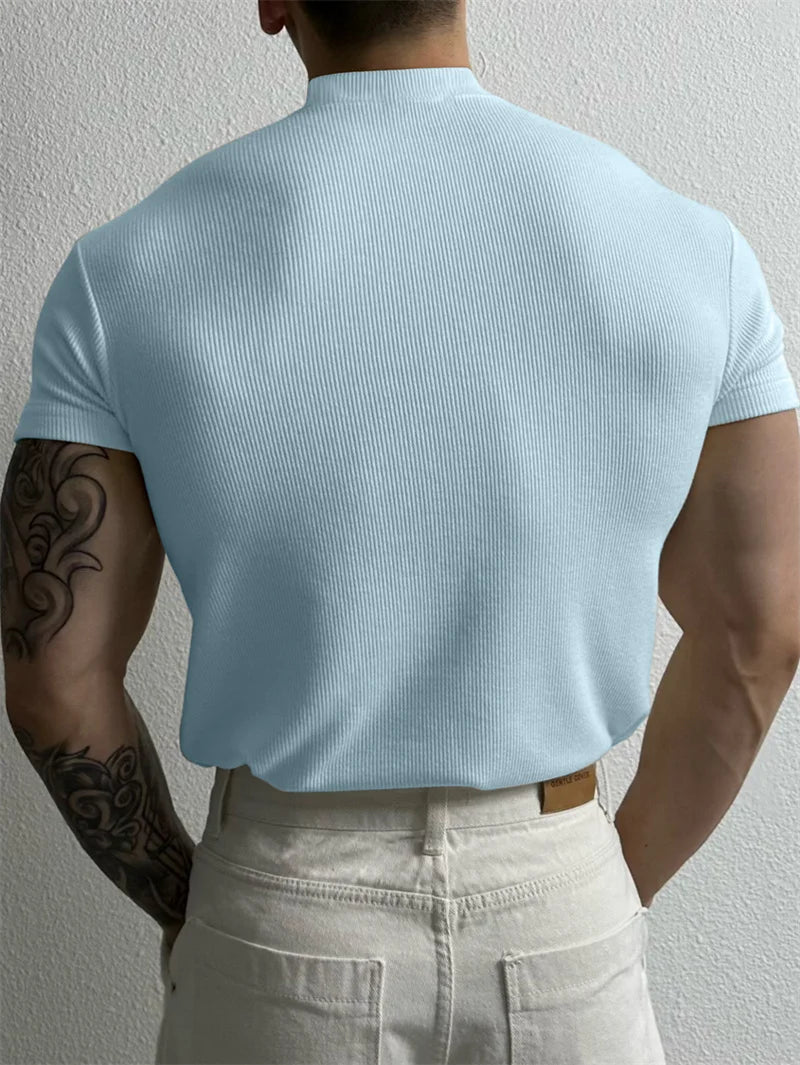 T-shirt Small high collar stripe shirt short sleeve fitness top leisure sport T-shirt Men sportswear