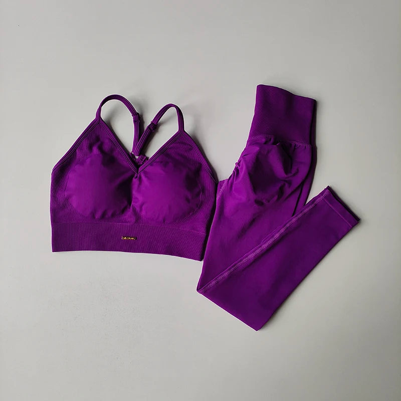Legging Seamless Hip Lifting Fitness Set Women's V-neck Bra Leggings Yoga Set Quick Drying Exercise Iron Massage High Fat Tight Pants