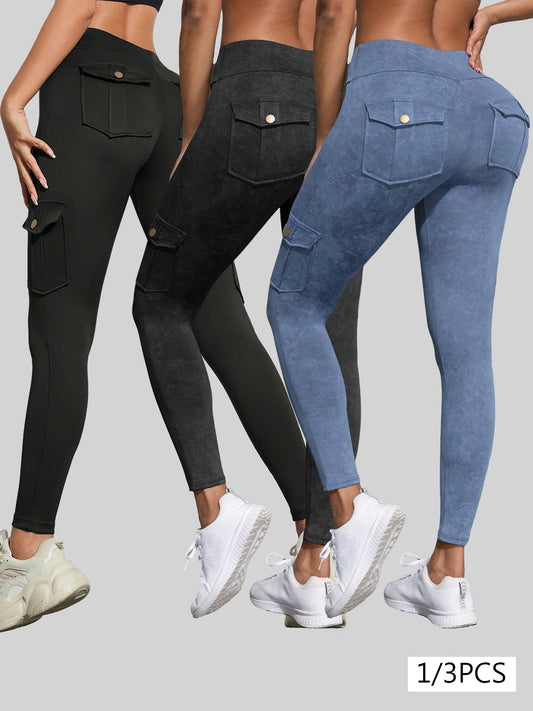 Leggings  1/3 PCS Washed Print Work Pocket Women Leggings Elastic Butt Lifting Fitness Tights 2025 New Athletic Pants Fashion Streetwear