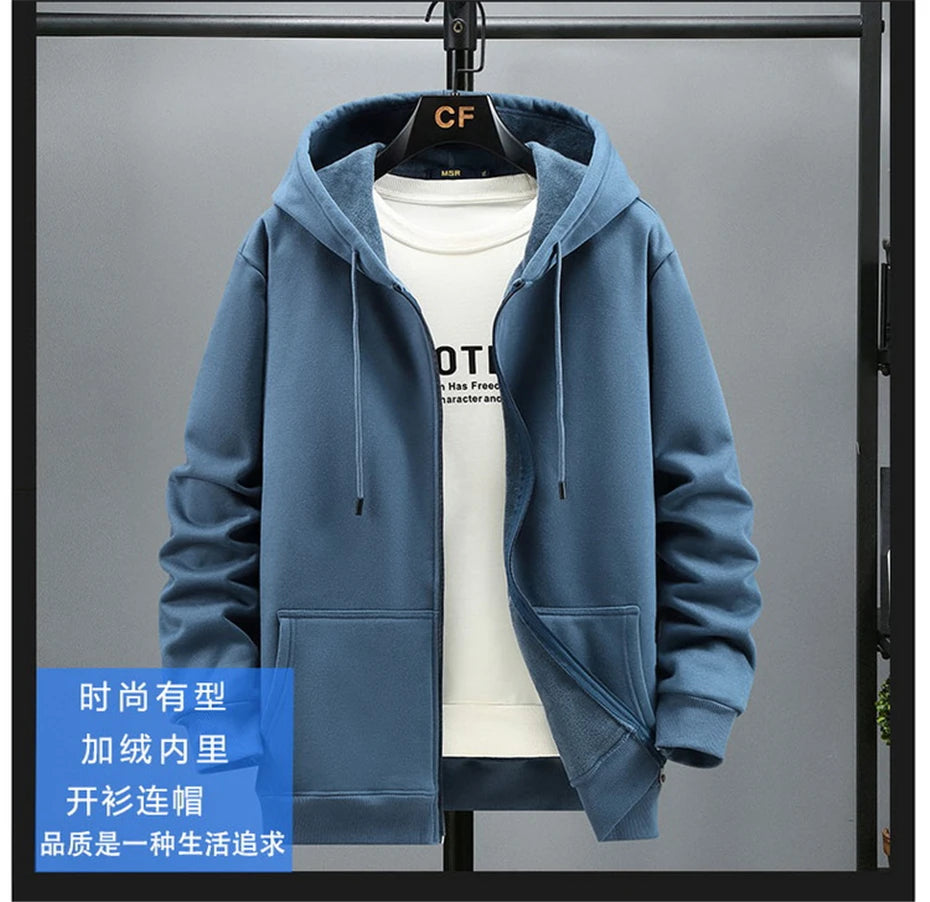JUMPER Big Size Hoodie Men Autumn Winter Fleece Hoodies Solid Color Jacket Zip Up Hoodies 12XL Blue Black Red Grey