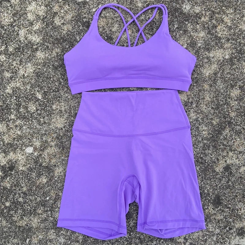 Legging Solid Color Gym Bike Yoga Set Short Legging Cross Back Sport Bra 2pc Tracksuit Athletic Women Gym Suit Comprehensive Training Jo