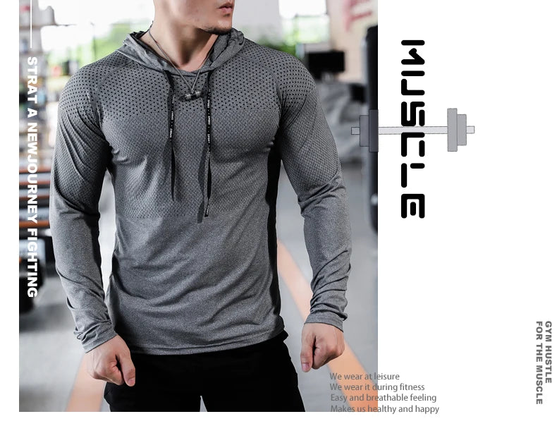 T-shirts Mens Fitness Tracksuit Running Sport Hoodie Gym Joggers Hooded Outdoor Workout Shirts Tops Clothing Muscle Training Sweatshirt