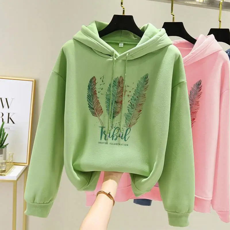 Hoodies Women Fashion Feather Printed Hoodies Autumn Winter Plus Velvet Casual Loose Sweatshirt