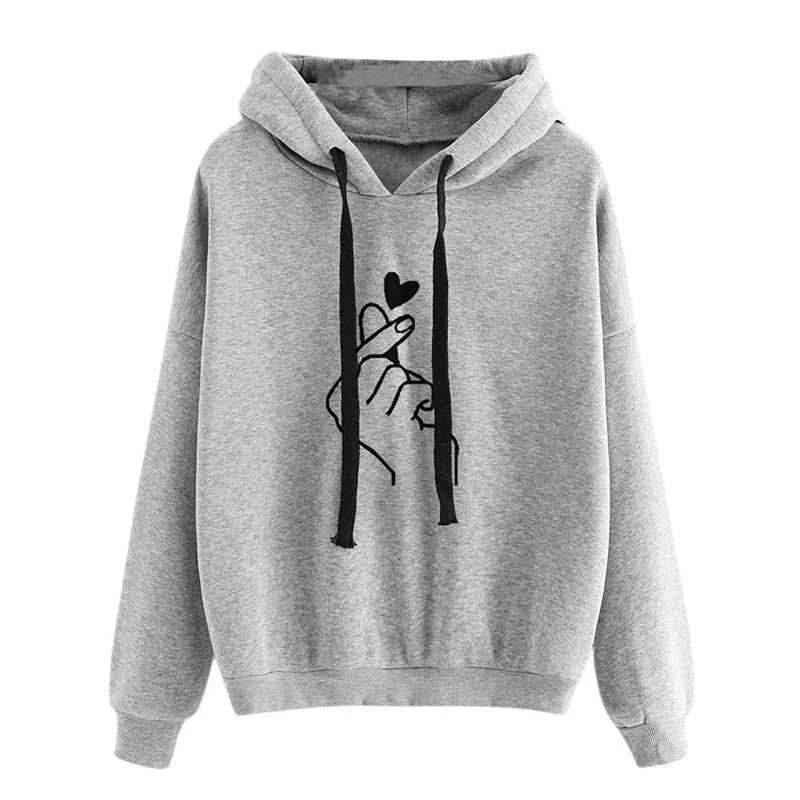 Hoodies Women Solid Color Finger Heart Hooded Korean Fashion Sweatshirts Long Sleeve Top Drawstring Pockets Loose Hoodies