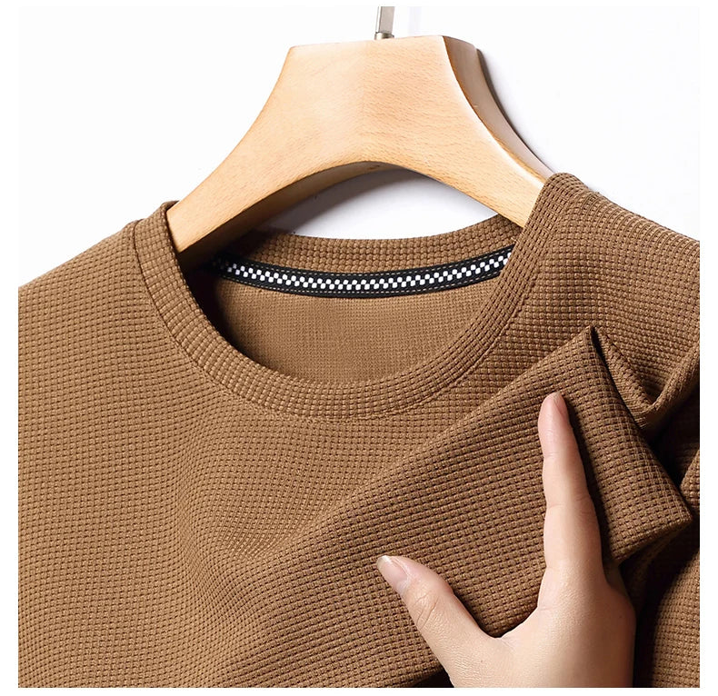 Men Short Sleeve Waffle round Neck Short Sleeve T-Shirt Comfortable Breathable Short-Sleeved Top for Casual Wear