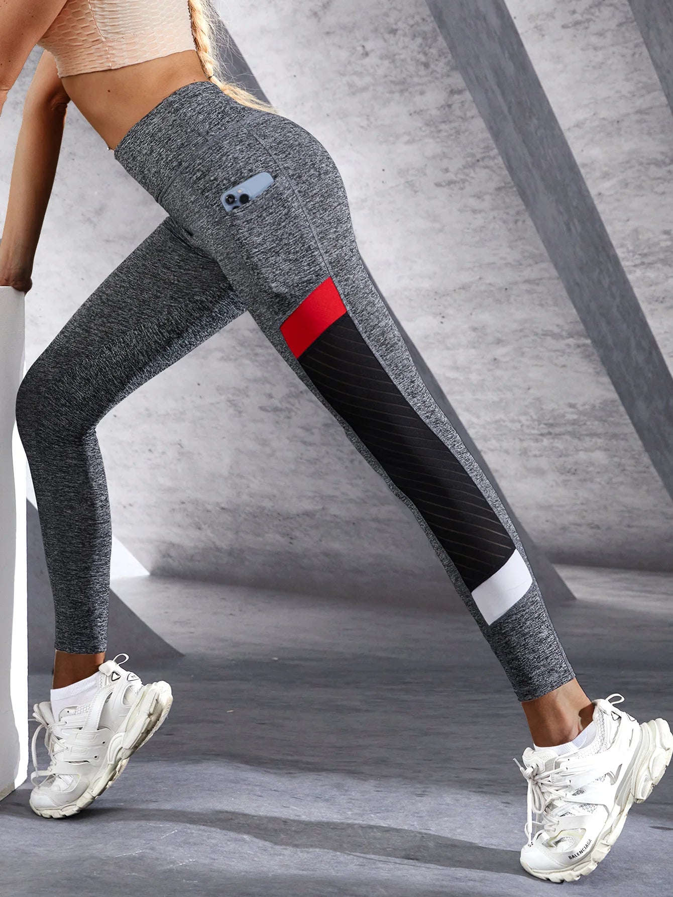 Leggings Colorblocked Mesh High Waist Yoga Pants with Side Pockets Leggings for Women Tummy Control Workout Shaping Leggings