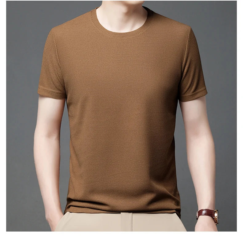 Men Short Sleeve Waffle round Neck Short Sleeve T-Shirt Comfortable Breathable Short-Sleeved Top for Casual Wear