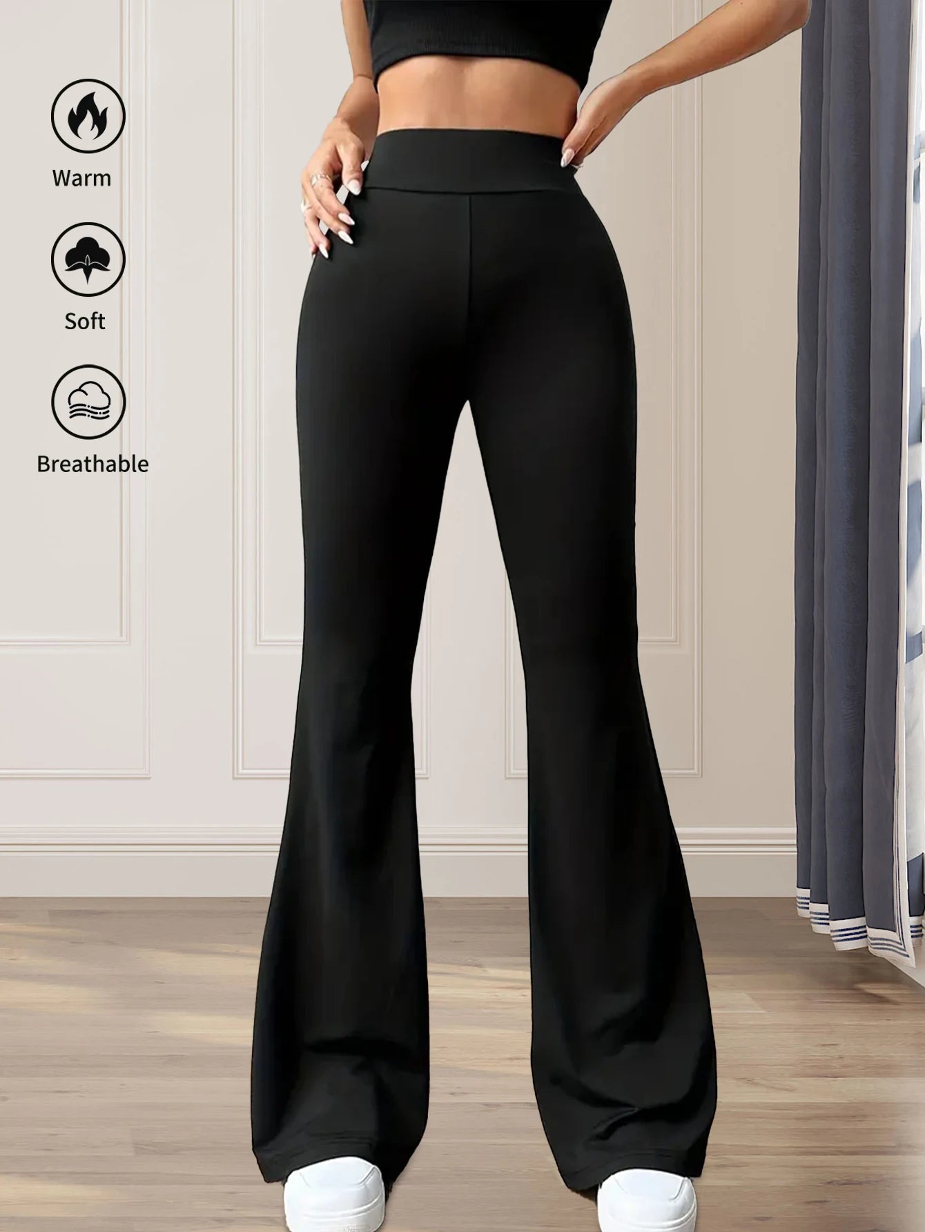 Leggings Women's spring and summer high waisted tight fitting flared pants, slim leg long black pants, thin wide leg pants for slim women