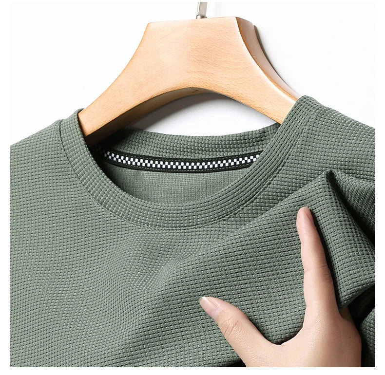 Men Short Sleeve Waffle round Neck Short Sleeve T-Shirt Comfortable Breathable Short-Sleeved Top for Casual Wear
