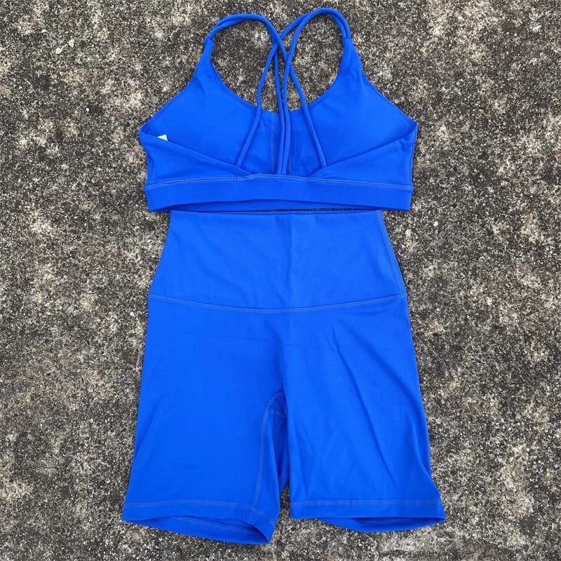 Legging Solid Color Gym Bike Yoga Set Short Legging Cross Back Sport Bra 2pc Tracksuit Athletic Women Gym Suit Comprehensive Training Jo