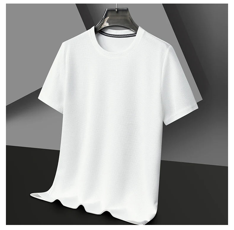 Men Short Sleeve Waffle round Neck Short Sleeve T-Shirt Comfortable Breathable Short-Sleeved Top for Casual Wear