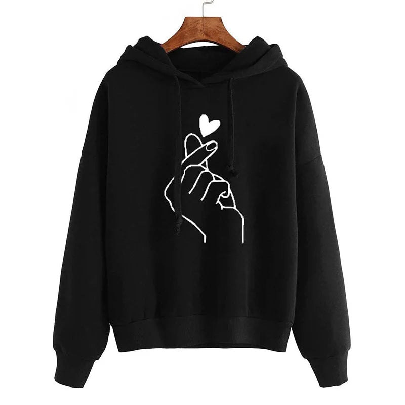 Hoodies Women Solid Color Finger Heart Hooded Korean Fashion Sweatshirts Long Sleeve Top Drawstring Pockets Loose Hoodies