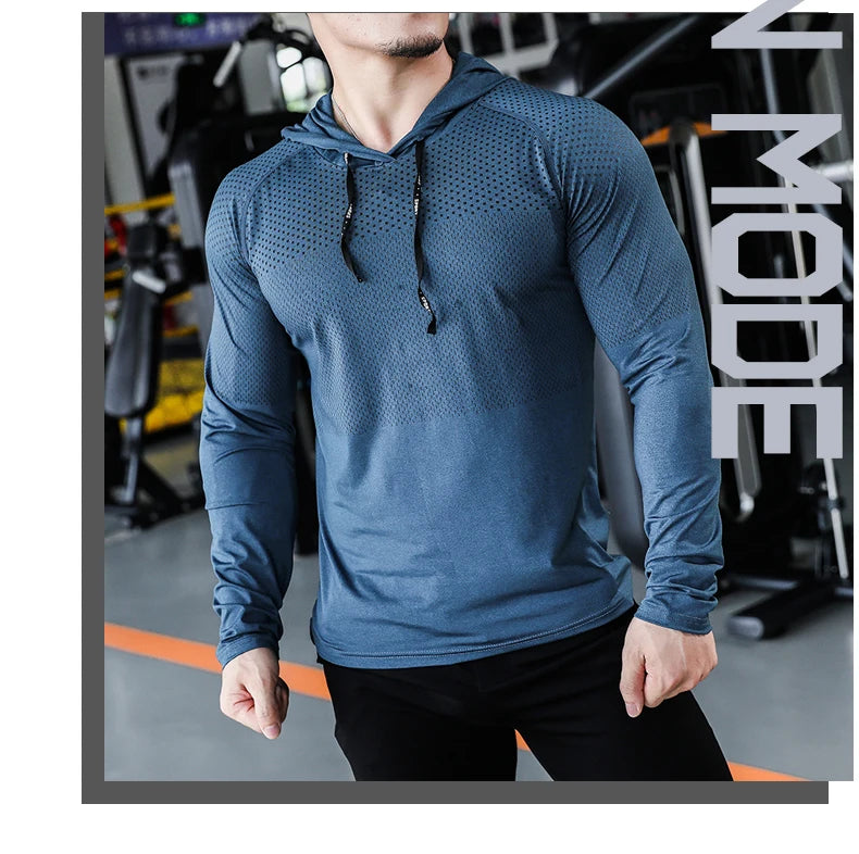T-shirts Mens Fitness Tracksuit Running Sport Hoodie Gym Joggers Hooded Outdoor Workout Shirts Tops Clothing Muscle Training Sweatshirt