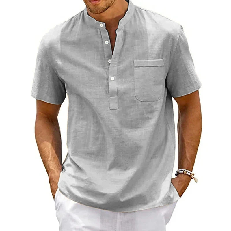 Men Short Sleeve T-shirt Solid Color Stand Collar Loose Pullover Shirt Thin Soft Comfortable Button T-shirt Top
