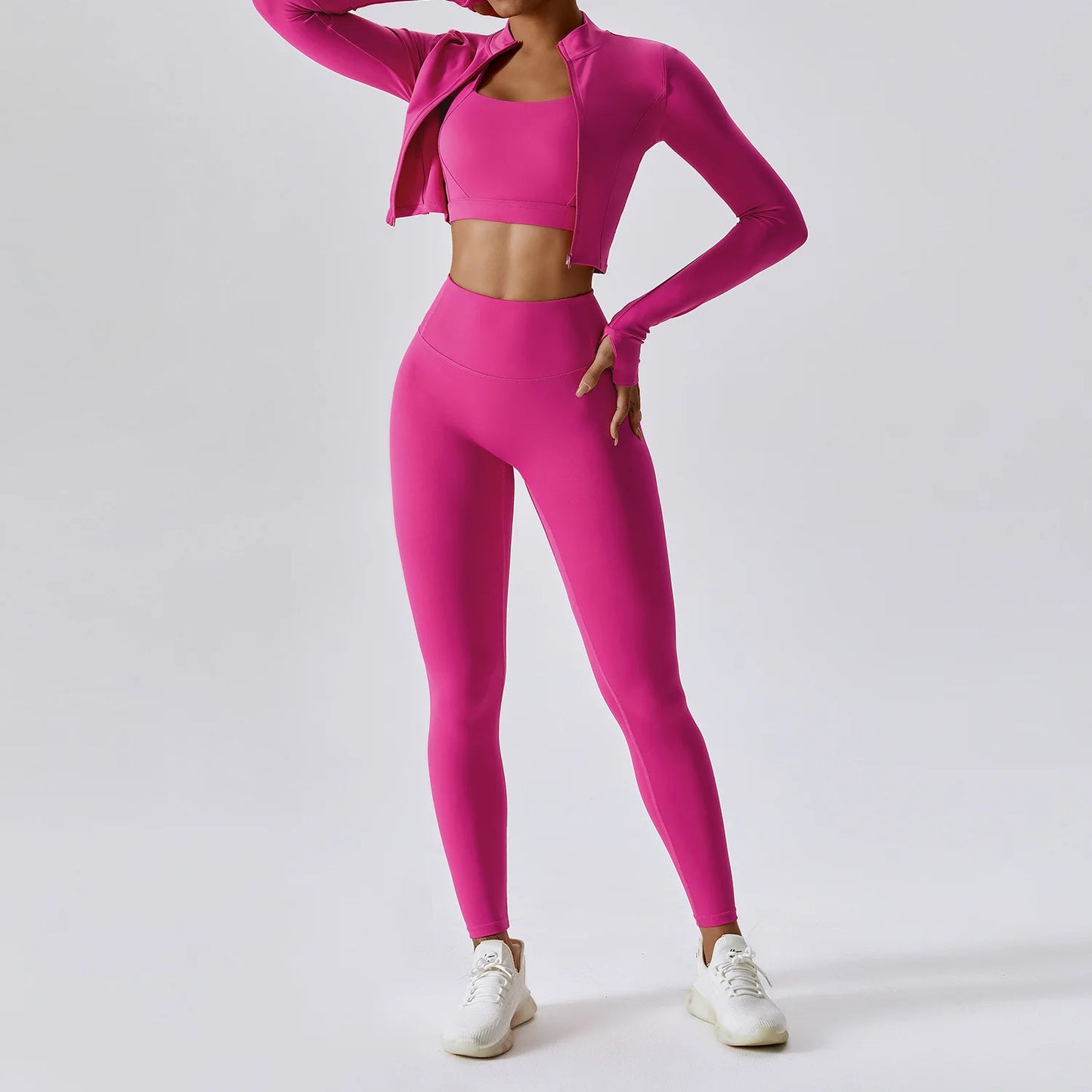 Legging 3PCS Yoga Set Women Workout Sets Sportswear Gym Clothing Fitness zipper Long Sleeve High Waist Leggings Sports Suits Yoga Suit