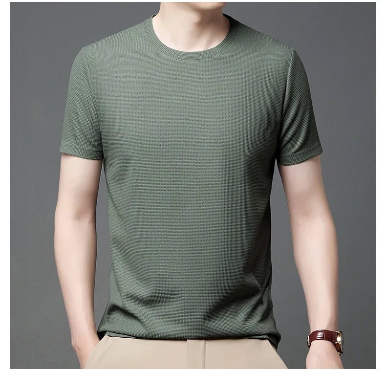 Men Short Sleeve Waffle round Neck Short Sleeve T-Shirt Comfortable Breathable Short-Sleeved Top for Casual Wear