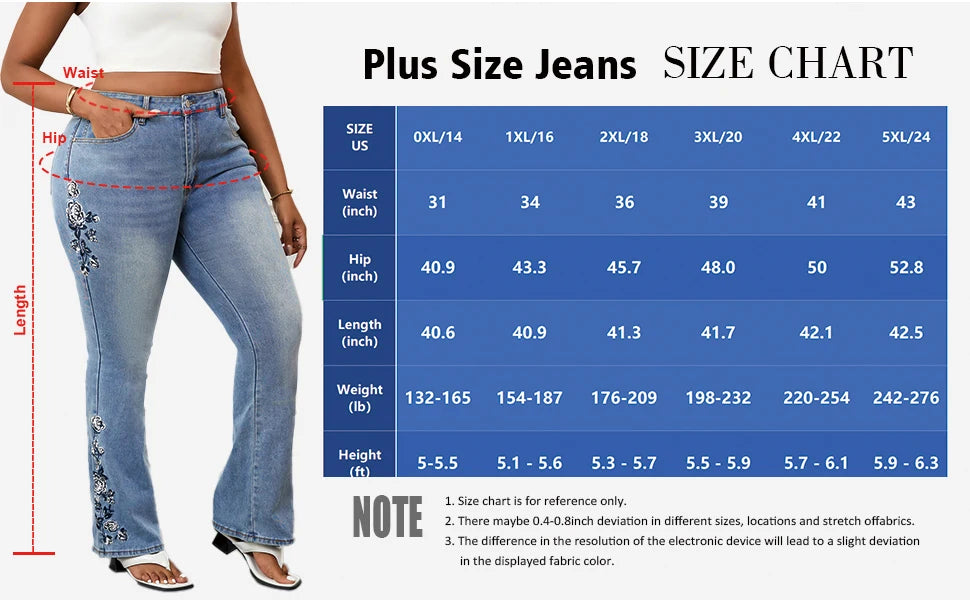 Plus Size Fashion Flared Leg Denim Jeans for Women High Waist Distressed Blue Wash Embroidered Details Street Style Curvy Pants